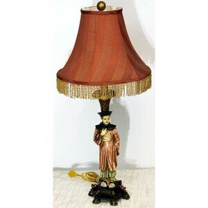 Berman Oriental Asian Man Figurine Lamp Red Lamp Shade Orange Fringe Trim Color